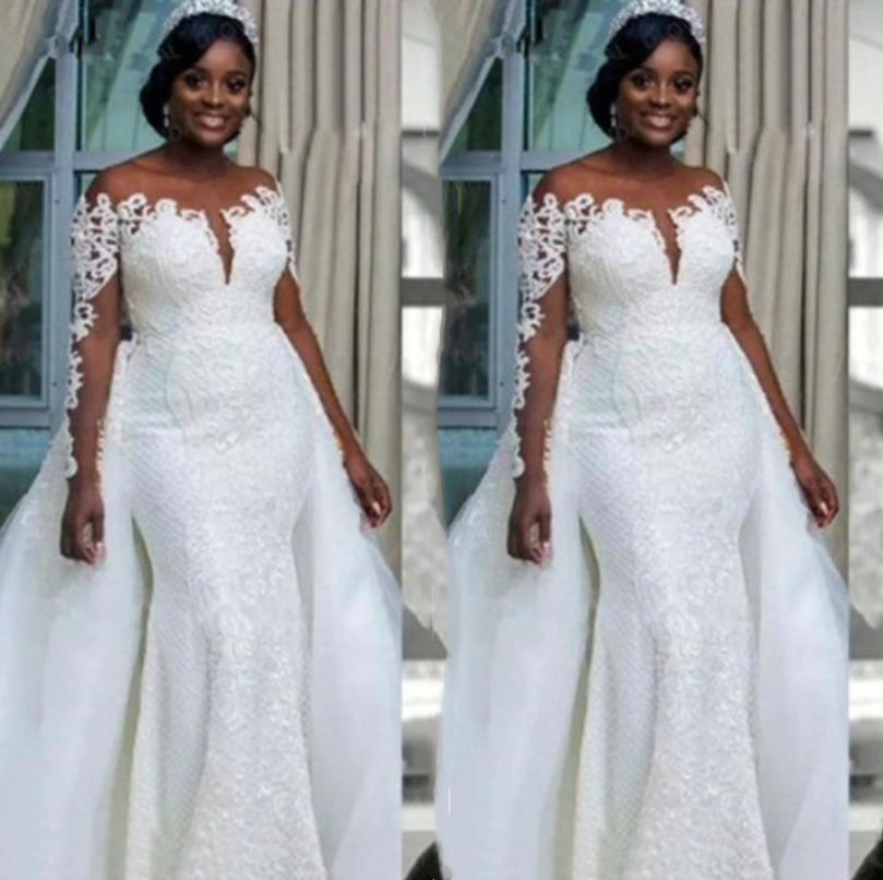 2021 African Style Lace Wedding Dresses High-End Customized Long Sleeve Women Dress Overskirt Bridal Wedding Gowns Custom Made Plus Size
