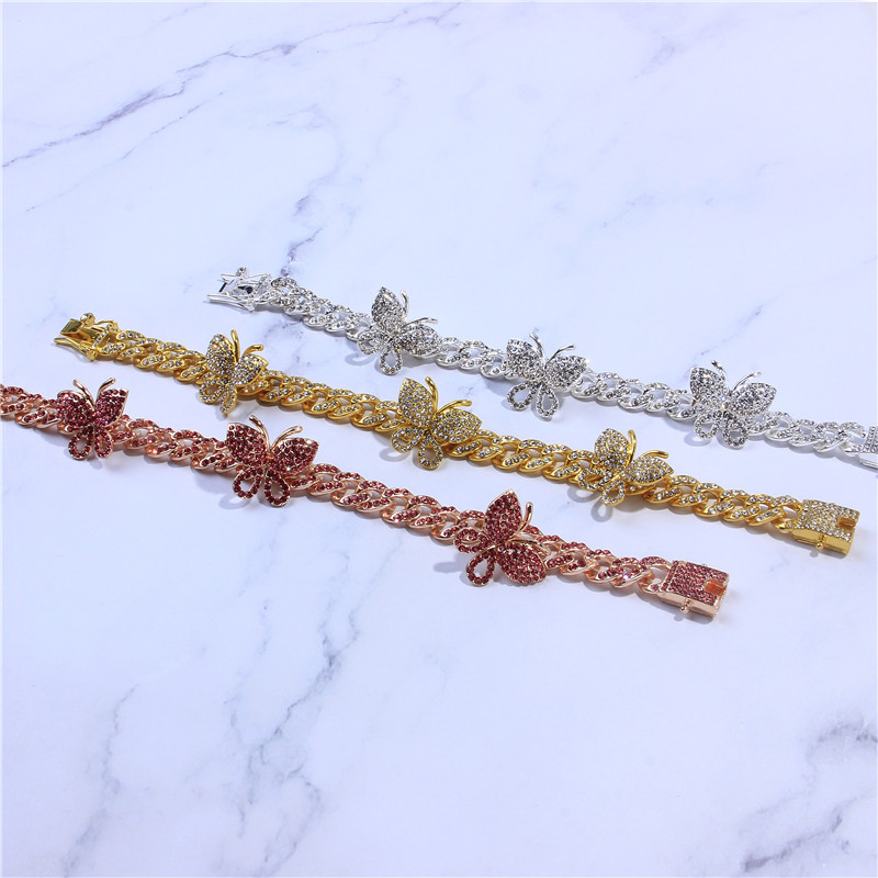 Iced Out Diamond Women Body Chain Jewelry Rhinestone Cuban Link Anklets Gold Silver Pink Butterfly Bracelets