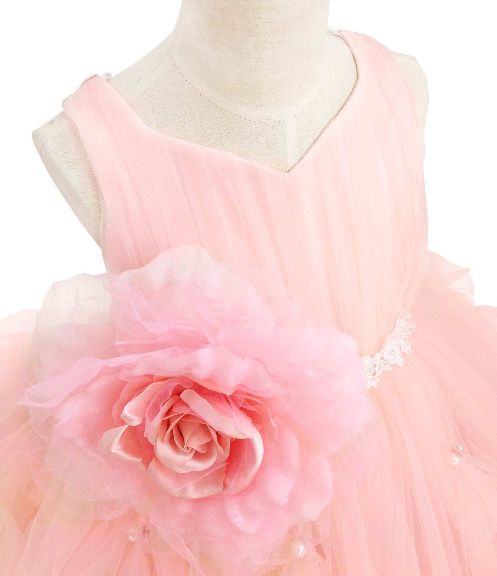 Pink Girls Pageant Dresses Tulle Ball Gown Tiered Ruffle Skirt Puffy Flower Girl Dresses Big Flower Birthday Party First Communion Dresses
