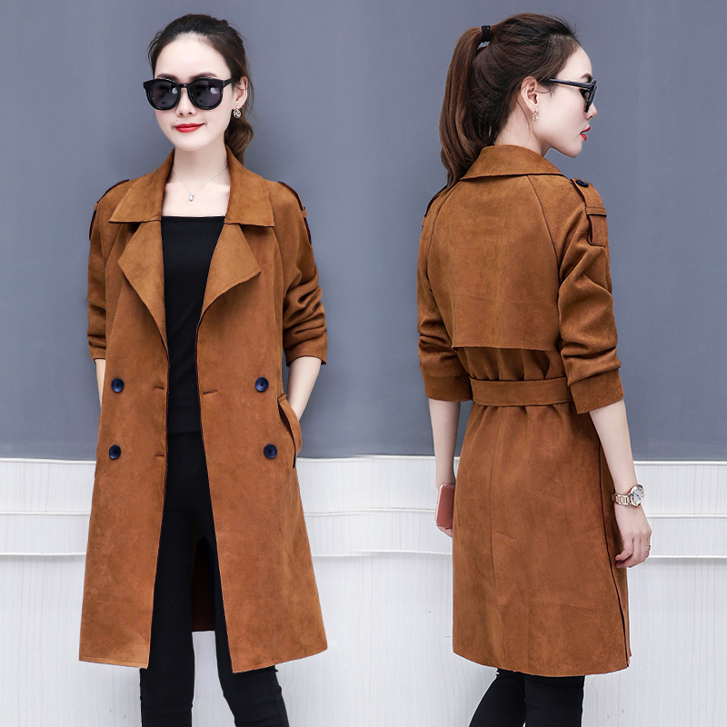 2020 New Spring Autumn Overcoats Women Chamois Trench Coats Long Sleeve Fashion Turn-down Collar Clothing Mid-long Trench L100