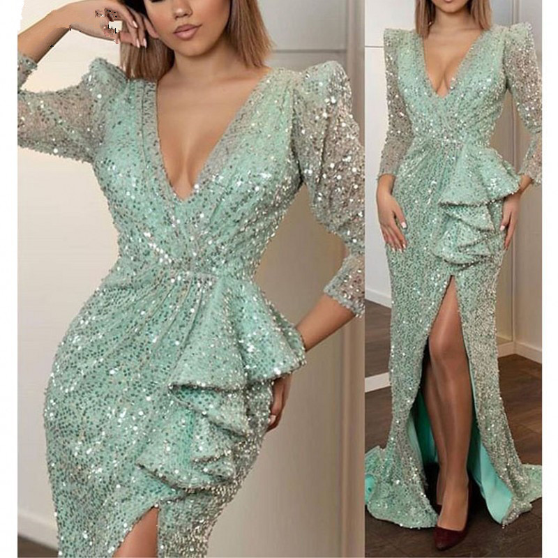 New Sparkly Arabic Mermaid Evening Dress 2020 Long Sleeve High Split Mint Sequined Prom Dresses in Turkey Plus Size Formal Gowns