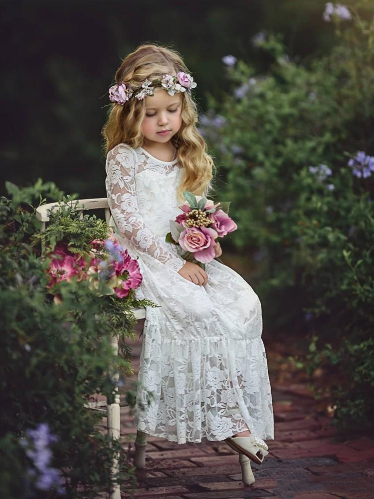 Boho Lace Flower Girls Dresses for Wedding Party Long Sleeves Big Bow Girl First Communion Dresses Kids Holy Birthday Party Gowns