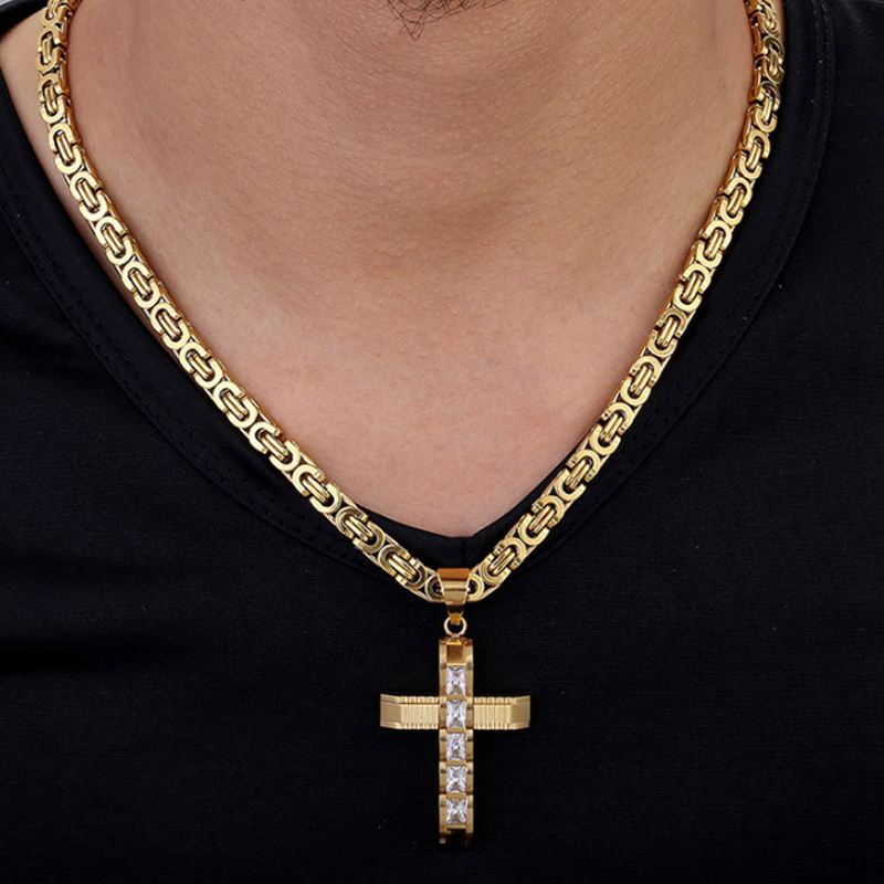 Mens Stainless Steel Gold Cross Zircon Pendant Necklace Flat Chain Tone 6mm 22inch