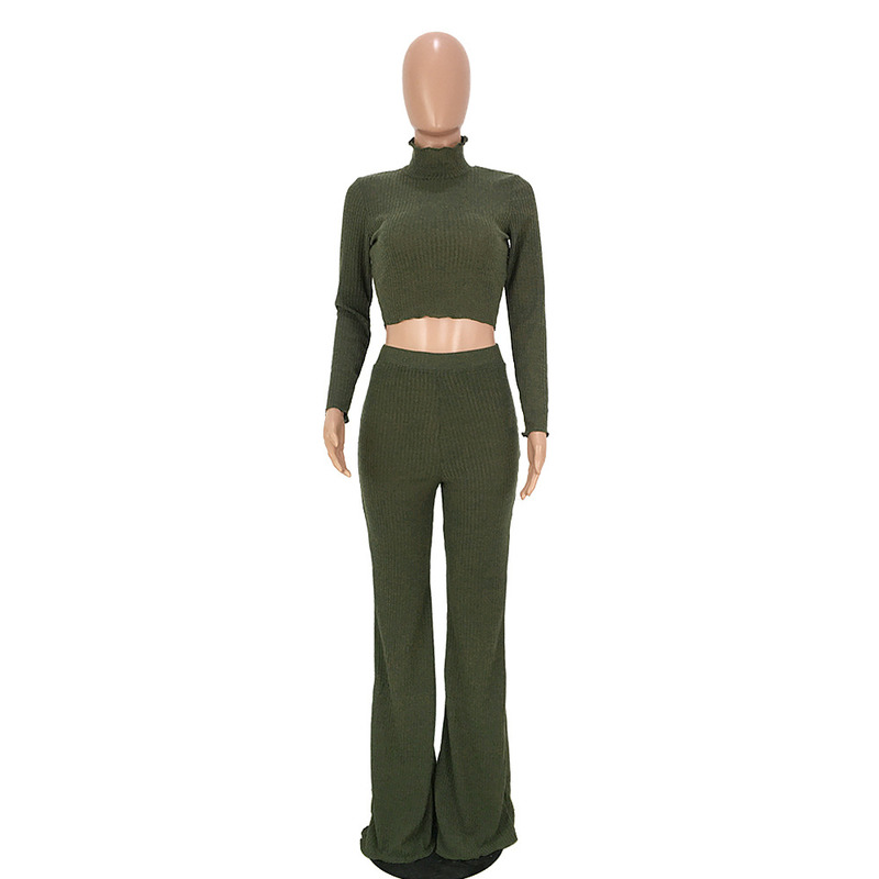 Casual Women Two Piece Set Sweater Top and Pants Set Turtleneck Long Sleeve Crop Top Wide Leg Pants Elastic Waist Suit Outfits T200808