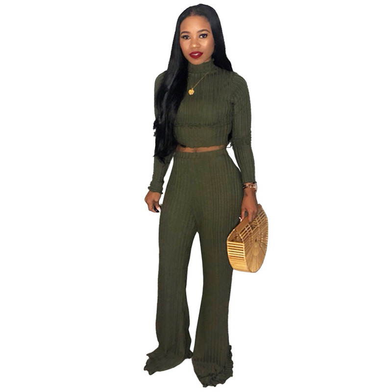 Casual Women Two Piece Set Sweater Top and Pants Set Turtleneck Long Sleeve Crop Top Wide Leg Pants Elastic Waist Suit Outfits T200808