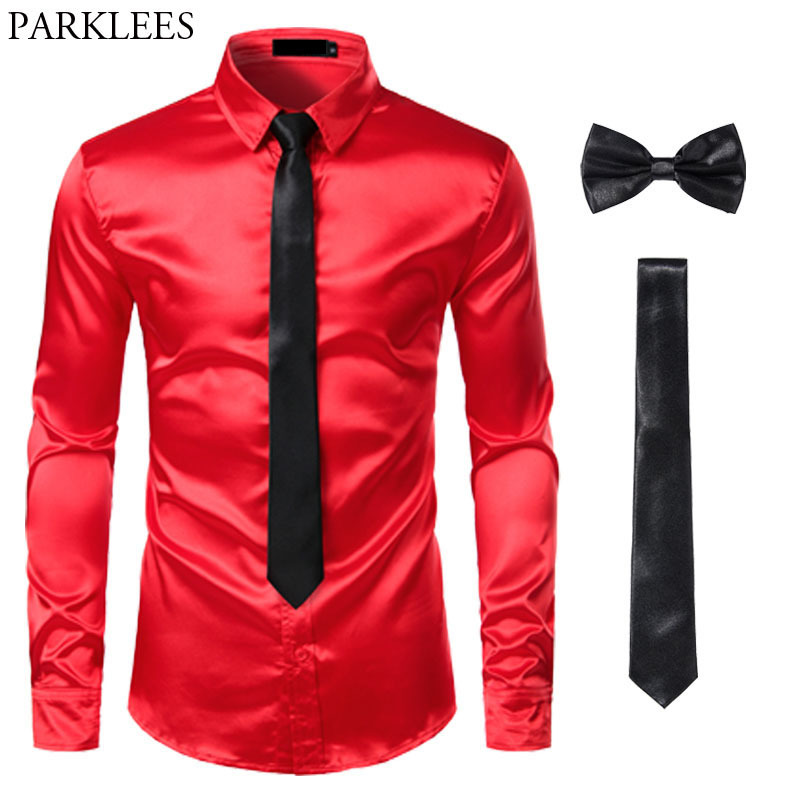 Black Mens Silk Dress Shirts 3Pcs(Shirt +Tie+Bowtie) Smooth Satin Shirt Men Slim Fit Party Prom Casual Shirts Men Social Camisa 200925