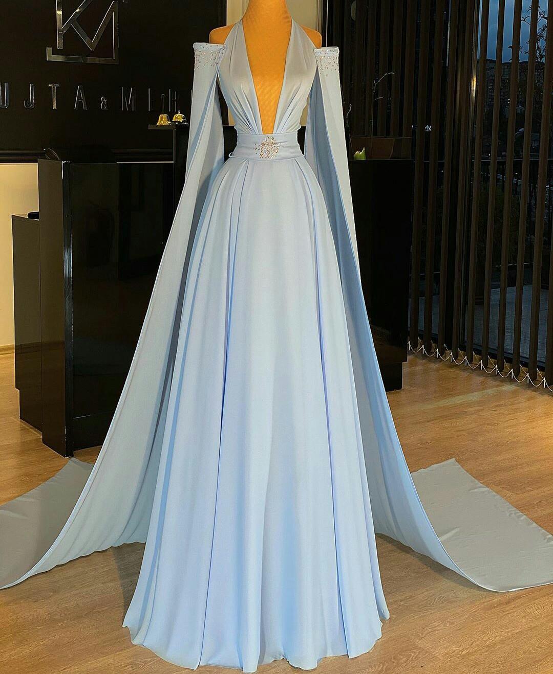Sky Blue Elegant Evening Dresses Sweep Train Halter Neck Long Sleeve Wrap Beaded Prom Dress Party Zuhair Murad Dress Vestidos Festa