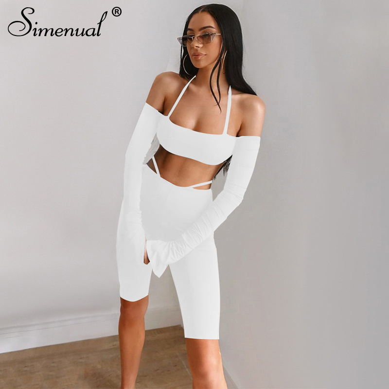Simenual Sexy Bodycon Biker Shorts Two Piece Set Women Long Sleeve Halter Off Shoulder Outfits Party Clubwear Slim Matching Sets T200808