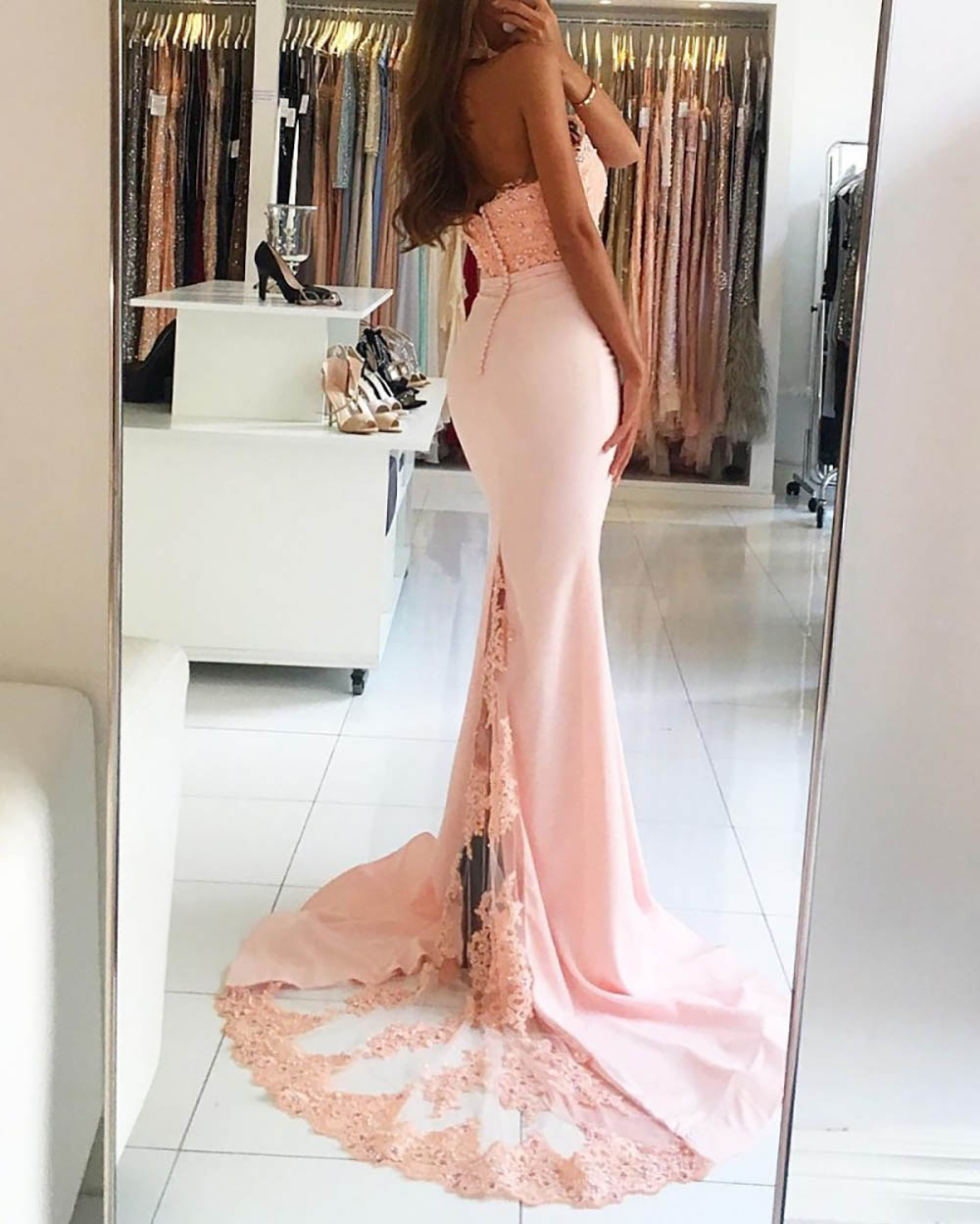 New Pink Mermaid Prom Dress vestido de formatura Halter Appliques Lace Beaded Evening Gown Backless Prom Dresses Long