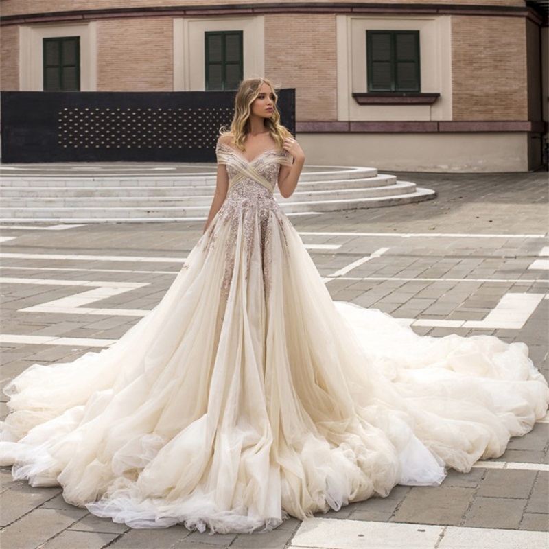 newest gorgeous champagne wedding dresses offshoulder sequin appliqued lace wedding gown custom made sleeveless sweep train robes de marie