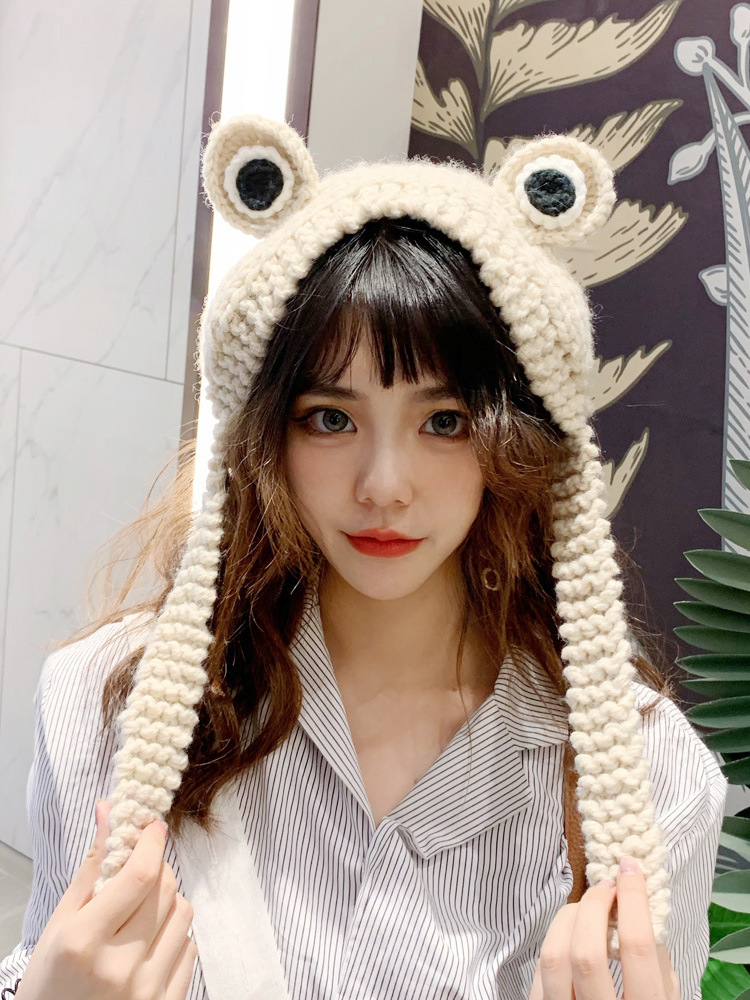 New Women Hat Korean Style Girl Novelty Cute Big-eyed Frog Ears Knitted Cap Soft Warm Comfortable Winter Protective Hat T