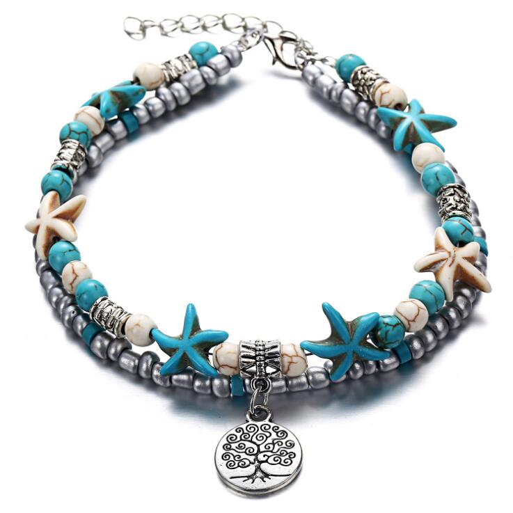 Double Anklet Conch Starfish Rice Bead Yoga Beach Turtle Pendant Anklet Bracelet GD543