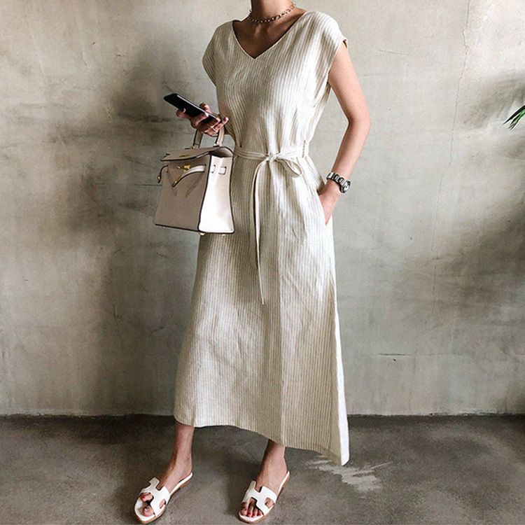 Casual Dresses CHICEVER Striped Dress Women V Neck Tank Sleeveless High Waist Lace Up Tunic Split Maxi Summer Female 2021 Clothes