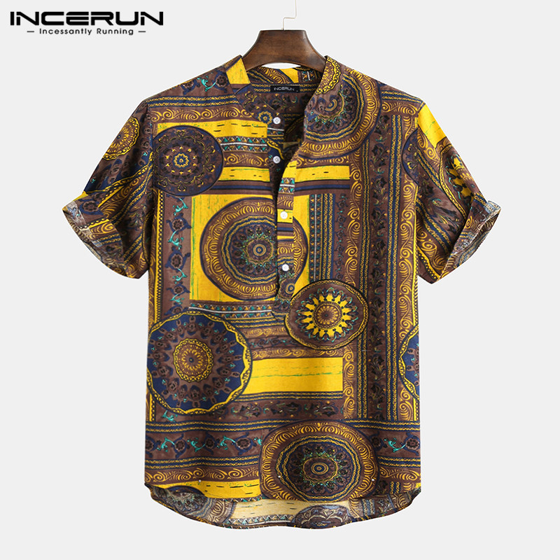 Men Shirt Ethnic Style Print Short Sleeve Stand Collar Camisa Masculina Casual Tops Streetwear Men Hawaiian Shirts INCERUN 200925