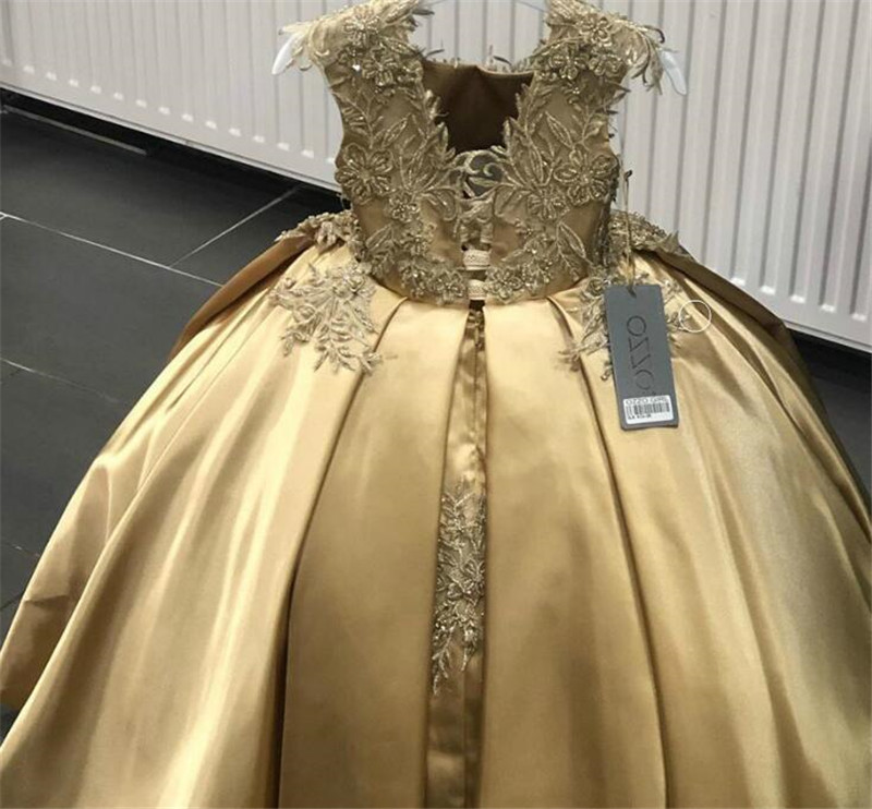 Gold Crystal Flower Girls Dress Pageant Dresses Ball Gown Beaded 2021 Toddler Infant Clothes Little Kids Birthday Gowns