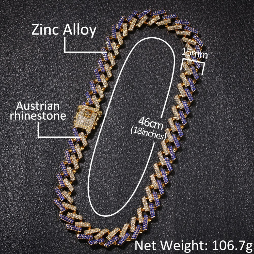 UWIN Drop Shipping Fashion Iced Prong Cuban Link Chains Necklaces 15mm Mutil-Colored Blue/Black Rhinestones Hiphop Jewelry Mens T200824
