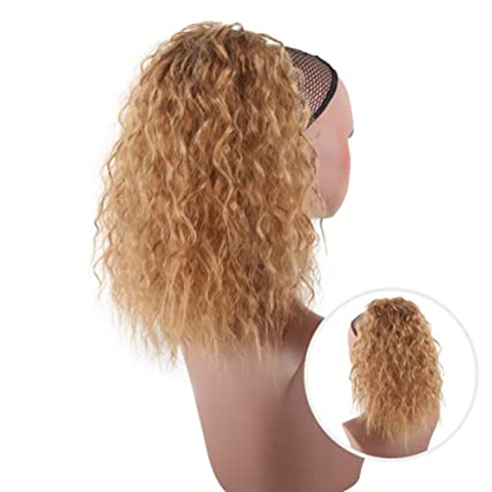 Honey blonde Short Curly Wave Ponytail Extension Drawstring Hair Bun Extension With Two Plastic Combs Hairpiece for Women 14" #27