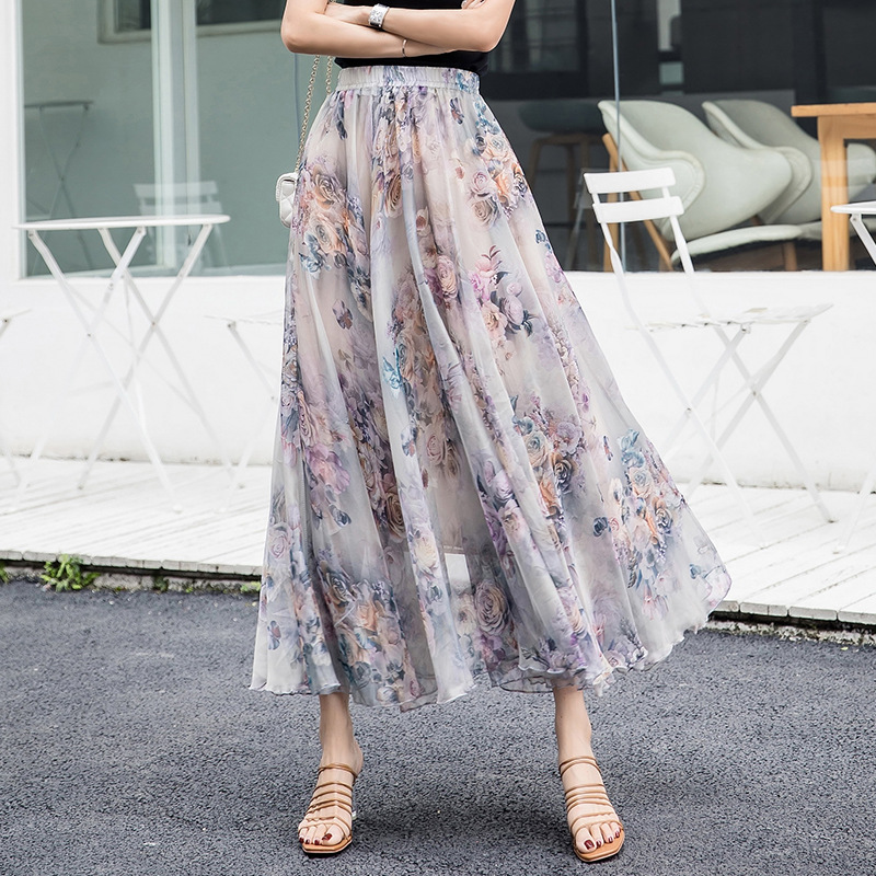 Skirts 2021 Summer Woman Chiffon Long Skirt Korean Style Elastic High Waist Floral Print Maxi Bohemian Beach Boho