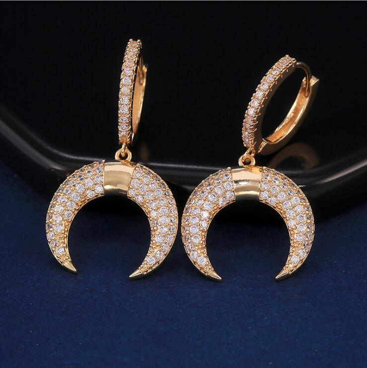 Vintage Fashion Jewelry Top Selling Lucky Dangle Earring 925 Sterling Silver Colorful White Sapphire Diamond Gemstones Crescent Moon Earring