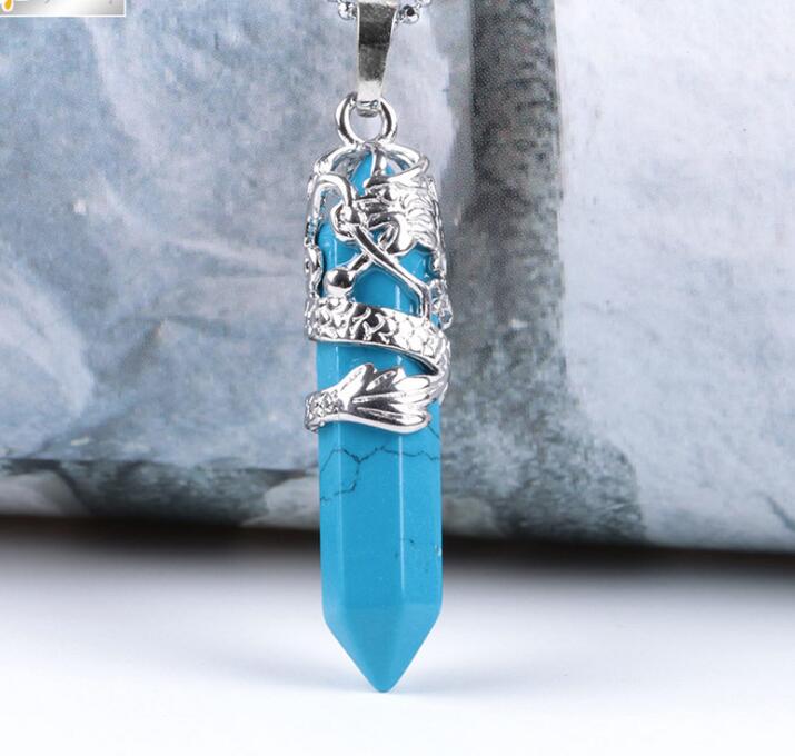 Tribal Totem Dragon Shaped Natural Stone Pendant Necklace Hexagon Aura Bullet Crystal Column Jewelry Couple Necklace LY022
