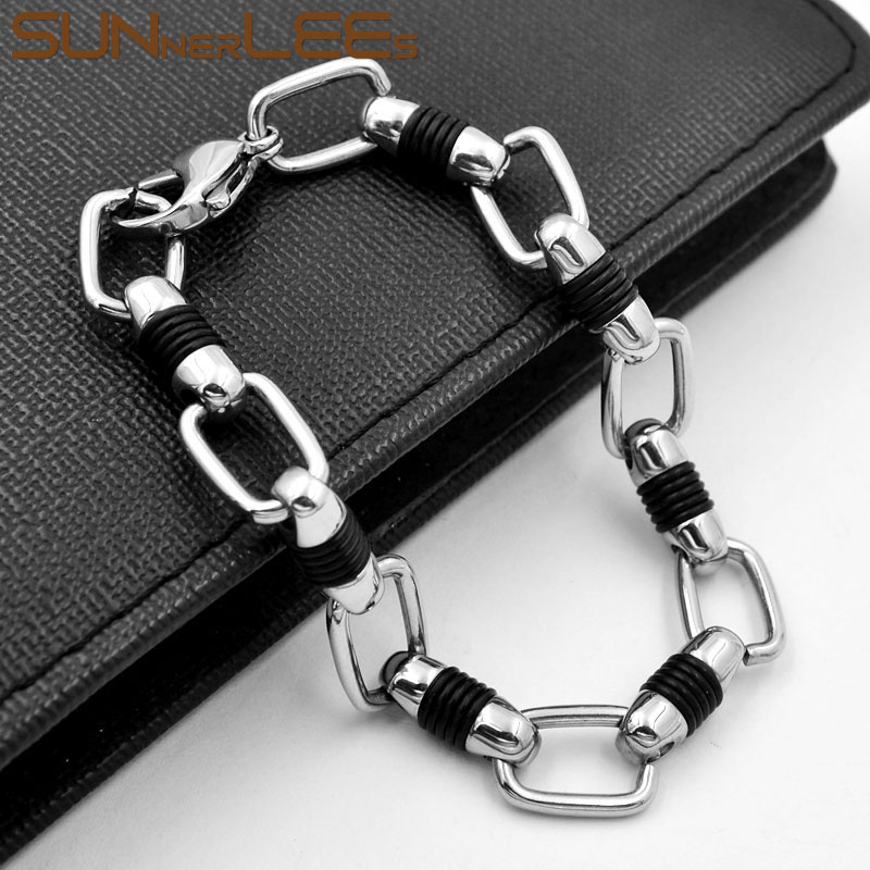 SUNNERLEES 316L Stainless Steel Bracelet 10mm Geometric Link Chain Silver Color Black Silicone Men Women Jewelry Gift SC171 B
SUNNERLEES 316L Stainless Steel Bracelet 10mm Geometric Link Chain Silver Color Black Silicone Men Women Jewelry Gift SC171 B