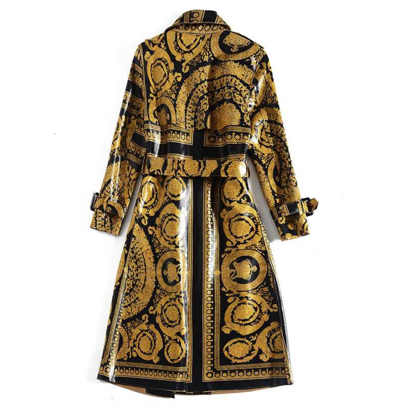 Newest 2020 Han Zi Qian Autumn Runway Fashion Long coat Women Long sleeve vintage pattern print belt Bright leather trench coat, Yellow
Newest 2020 Han Zi Qian Autumn Runway Fashion Long coat Women Long sleeve vintage pattern print belt Bright leather trench coat, Yellow