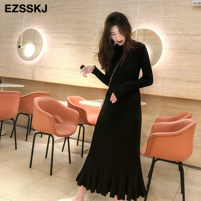 autumn winter thick mermaid maxi sweater dress women o-neck long sweater dress elegant female a-line slim sexy knit dress