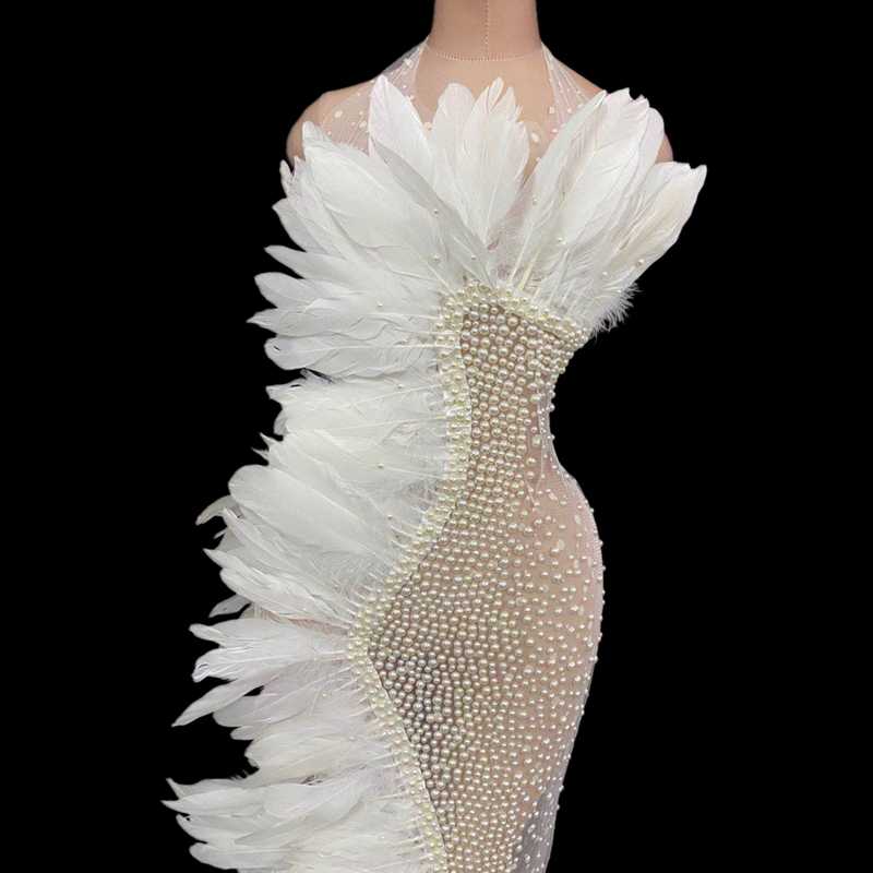 Elegant White Feather Mesh See Through Wedding Party Long Dress Women Sexy Prom Halter Rhinestone Dress Singer Stage Clothes
Elegant White Feather Mesh See Through Wedding Party Long Dress Women Sexy Prom Halter Rhinestone Dress Singer Stage Clothes