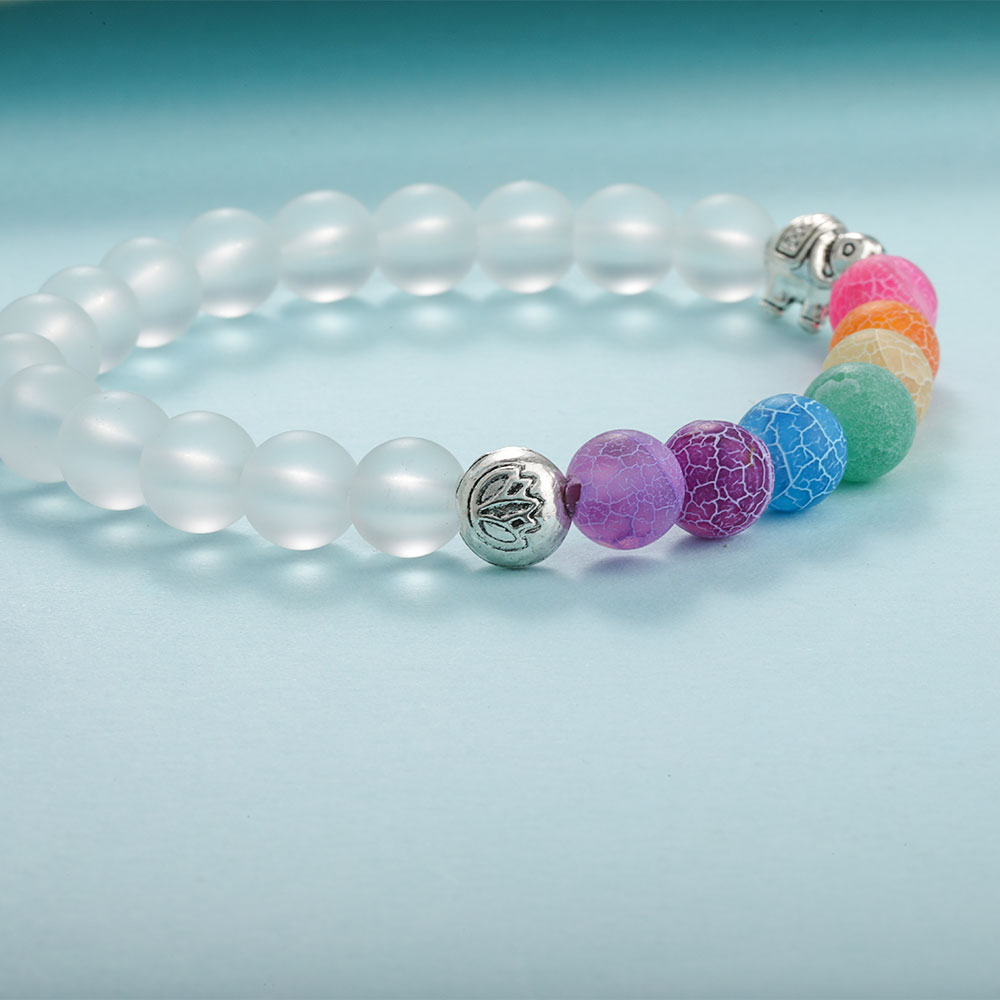 Men Women Elephant Charms 7 Chakra Bracelet Clear White Agate Colorful Wind Fossils Bead Bracelet Jewelry