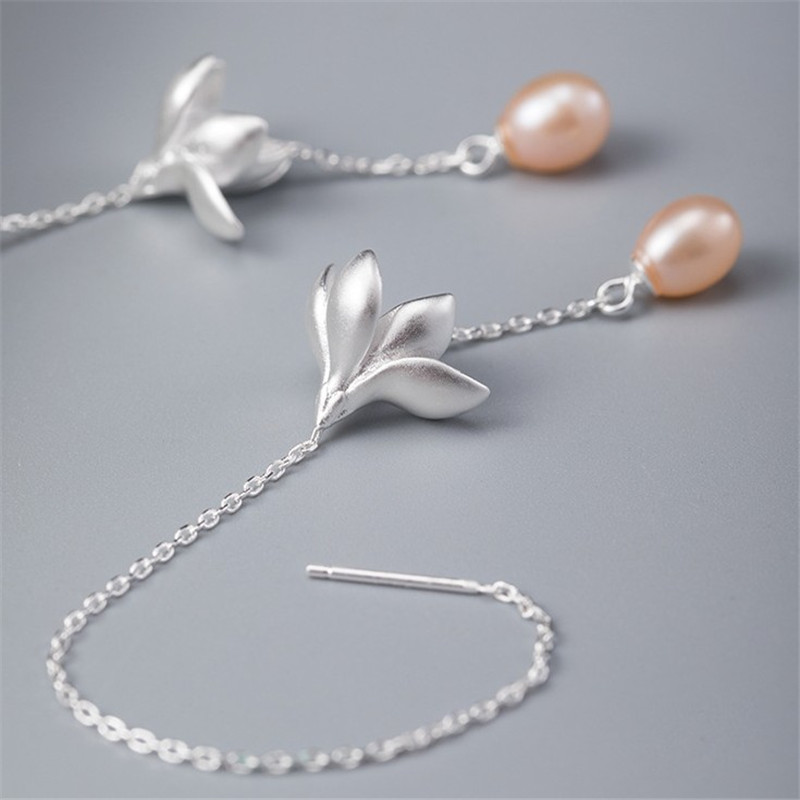 100% 925 Sterling Silver Long Chain Tassel Flower Earrings Female Natural Freshwater Pearl Dangle Drop Earring For Women
