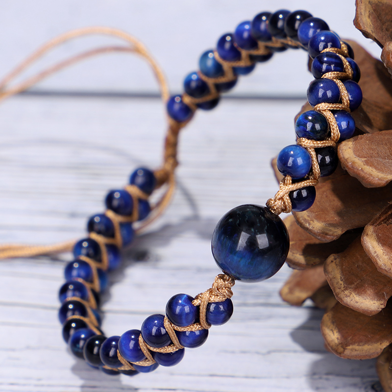 Fehame High Quality Natural Lapis Lazuli Blue Tiger Eye Stone Beads Bracelets for Women Men Stretch Round Bracelet Couple Gift