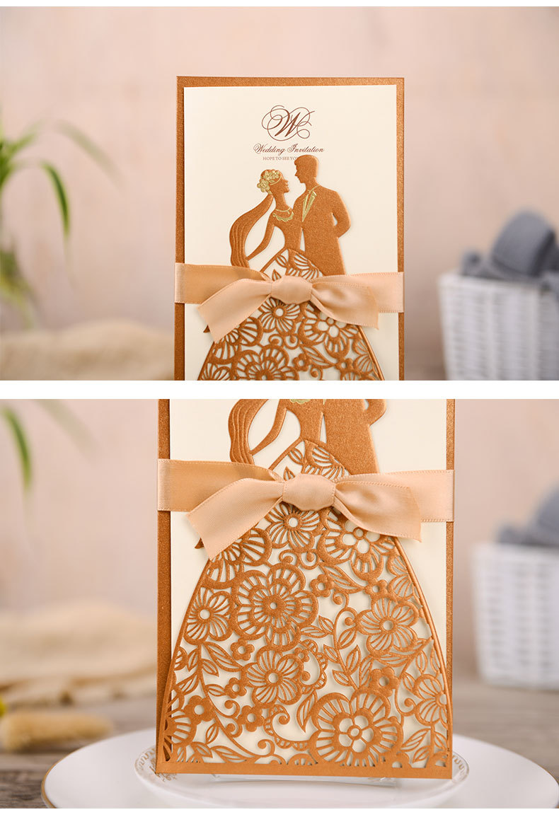 Unique Hollow Engraving Wedding Invitations Creative Brides Couples Cards Red Navy Bronze Cover Foil Stamping Vintage Wedding Invitation