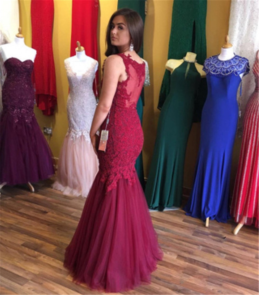 New Burgundy Mermaid Dress Evening Lace Tulle Floor Length Long Formal Dresses Custom Made Women Occasion Gown Cheap