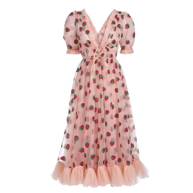 Women's Strawberry Dress Sweet Mesh Vestidos Autumn 2020 Sexy V Neck Puff Sleeve Dress Pleated Patchwork Lace Up Party Dresses T200827