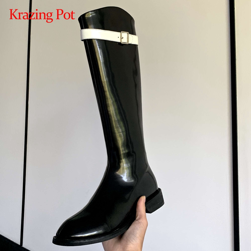 Krazing Pot equestrian boots split leather mixed colors buckle decorations round toe thick low heel zipper thigh high boots L66, Black
Krazing Pot equestrian boots split leather mixed colors buckle decorations round toe thick low heel zipper thigh high boots L66, Black