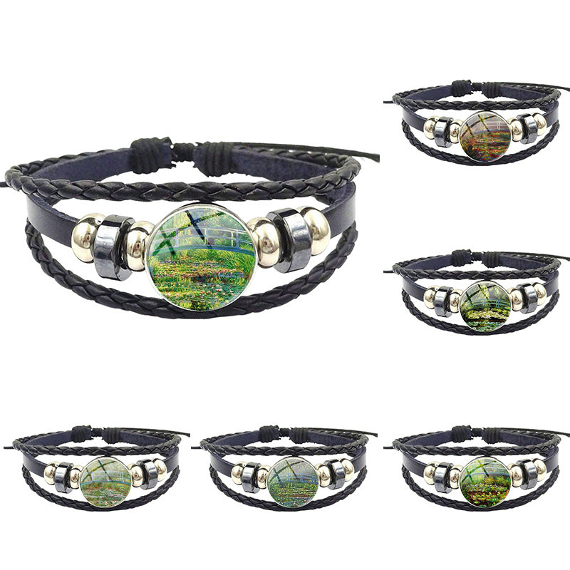 Fashion Glass Cabochon Black Leather Bracelet Bangle Vintage For Women Men Monet's Lily Pond Bridge Plated
Fashion Glass Cabochon Black Leather Bracelet Bangle Vintage For Women Men Monet's Lily Pond Bridge Plated