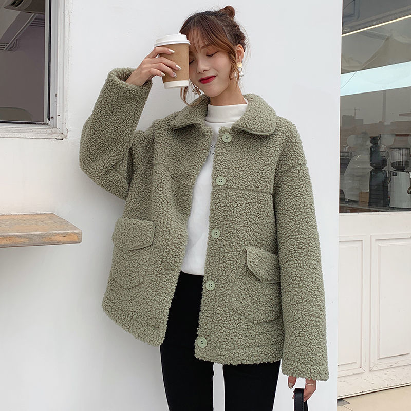 Women fur jacket thick warm faux cashmere two pockets furry jackets casual faux fur turndown collar female winter styled coat