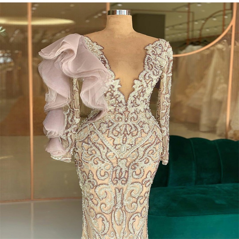 Real Image Evening Dresses Sexy High V-neck Long Sleeves Beads Appliqued Lace Ruffles Luxury Formal Prom Dress Custom Made Long Party Gown