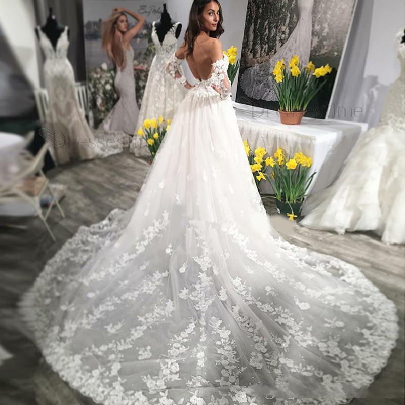 2020 White Elegant Wedding Dresses Sweetheart Long Sleeves Bridal Gowns With Lace Applique Tiered Ruffle Sweep Train Custom Made