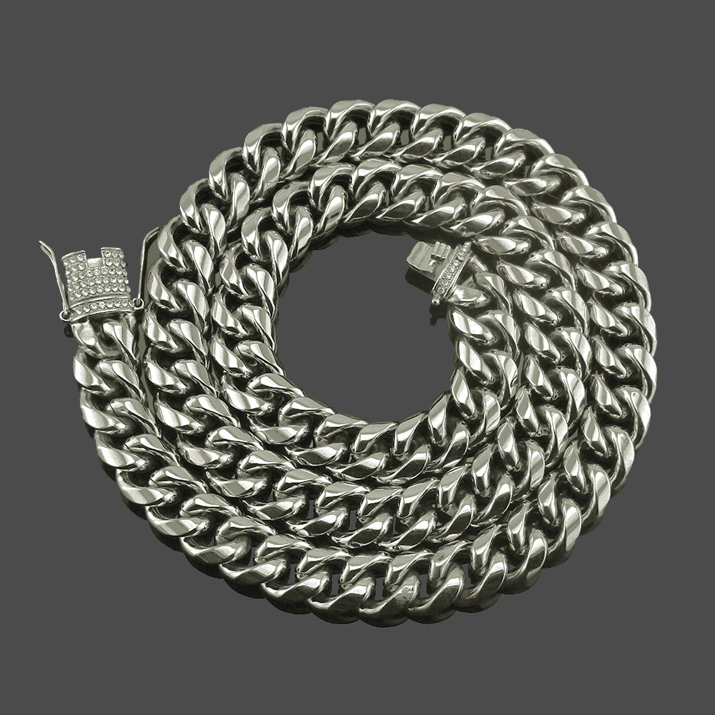 18k Gold Plated Tone Stainless Steel Mens Necklace Chains Curb Cuban Link Chain with Diamond Iced Out Keylock Buckle Hip Hop Fashi