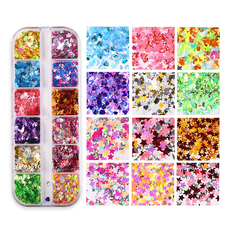 12 Grid Box Shiny Nail Decoration Set Star Moon Mixed Sequin Soft Pottery Manicure Decoration DIY Nail Art Kit TSLM1
12 Grid Box Shiny Nail Decoration Set Star Moon Mixed Sequin Soft Pottery Manicure Decoration DIY Nail Art Kit TSLM1