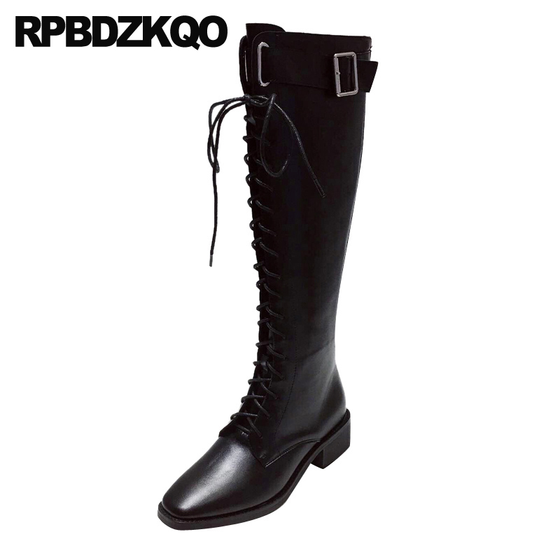 Boots Lace Up Long Square Toe Black Waterproof Knee High Designer Shoes Women Luxury 2021 Fashion Thick Brown Ladies Tall Chunky