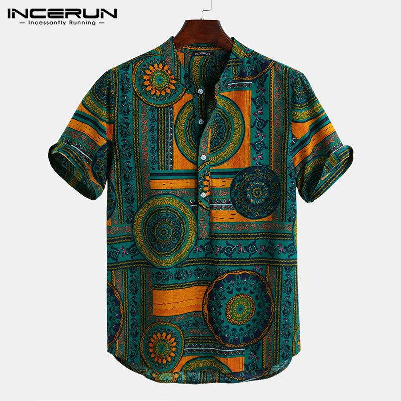 Men Shirt Ethnic Style Print Short Sleeve Stand Collar Camisa Masculina Casual Tops Streetwear Men Hawaiian Shirts INCERUN 200925