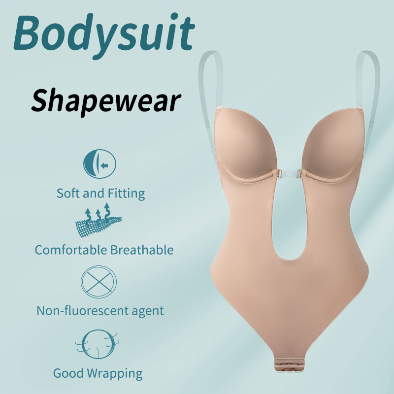 Bodysuit Shapewear Deep V-Neck Body Shaper Backless U Plunge Thong Shapers Waist Trainer Women Clear Strap Padded Push Up Corset T200824