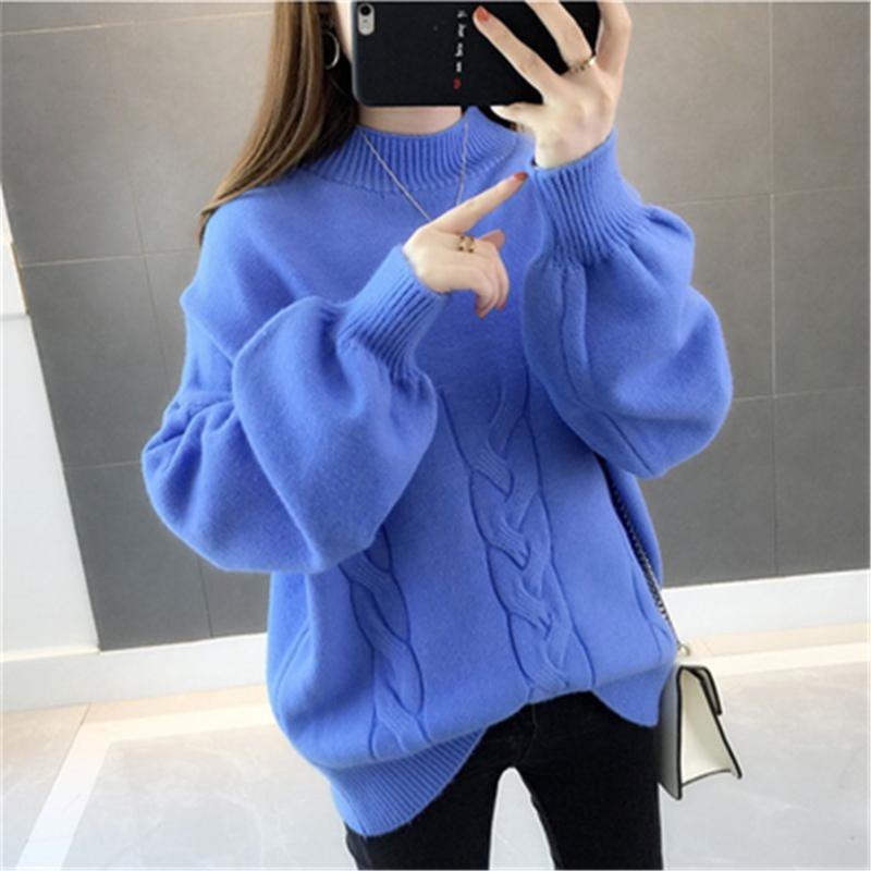 Korean Winter Women Sweater Half Turtleneck Lantern Sleeve Knit Pullover Loose Plus Size 5XL Fashion Jumper Tops 2020 Pull Z2697