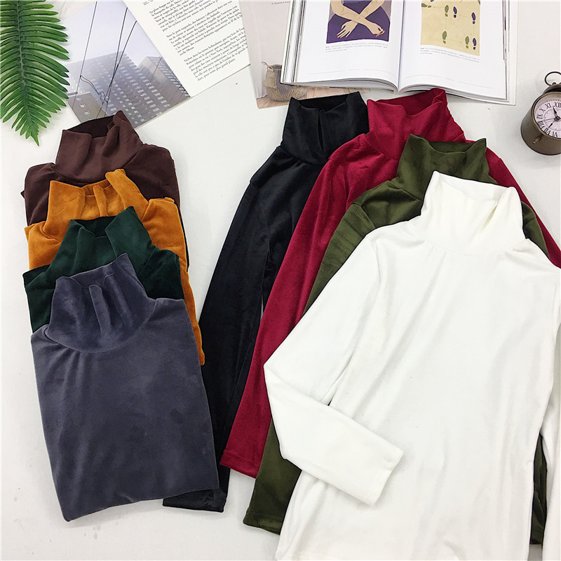 New Spring Women Turtleneck T Shirt Tees Warm Thick Velvet T-Shirts Female Bottoming Long Sleeve Shirt Tops