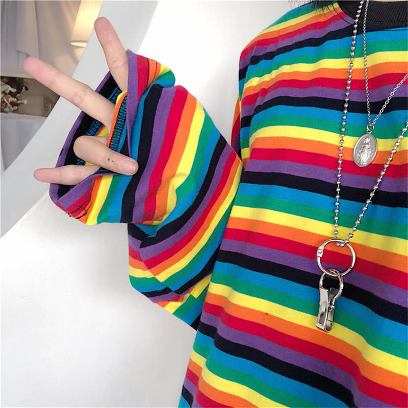 Neploe Rainbow Stripe T Shirt Autumn Harajuku Female Shirt Long Sleeve Plus Size Tshirts Woman Korean Tops Feminine 37059