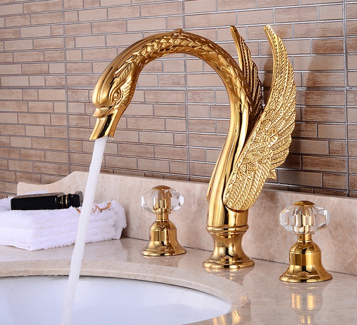 Soild Copper Gold Finish Bathroom Faucet Golden Swan Shape Basin Tap Dual Handle Deck Mount