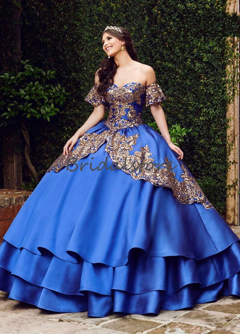 Ragazza Royal Blue Quinceanera Dresses Princess Gold Appliques Short Sleeves Tiered Satin Sweet 16 Dress Elegant Lace Up Prom Pageant Dress