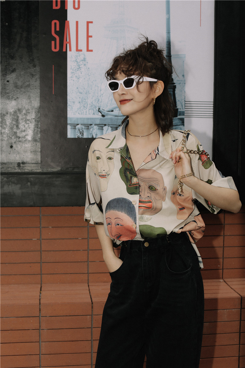 CHEERART Japanese Streetwear Ukiyoe Print Summer Blouse Women Collared Button Up Shirt Short Sleeve Top And Blouse Clothing LJ200810 - view 4